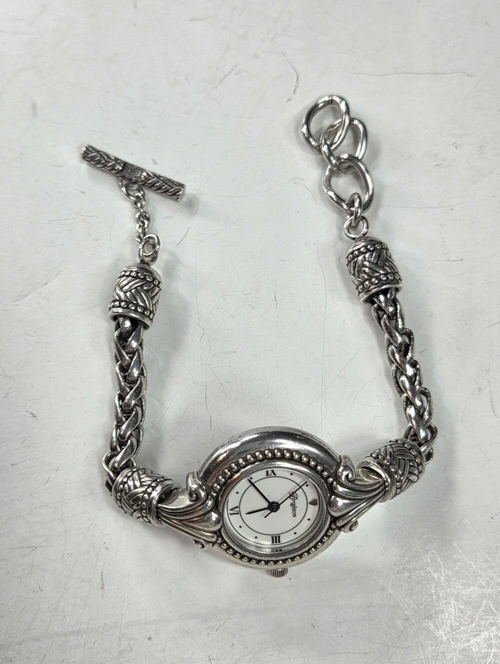 vtg retired brighton calgary silver tone watch braided toggle clasp new battery